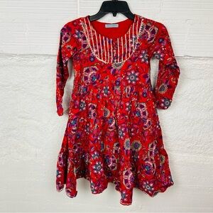 CUPCAKES & PASTRIES red pleated floral long sleeve cotton girls dress size 6/7